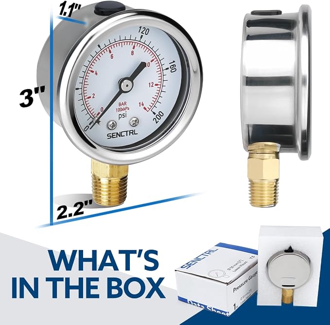 200 Psi Pressure Gauge, 2" Dial Size, 1/4 NPT Lower Mount, Waterproof, Stainless Steel Case, for Water Filter Pneumatic Regulator Air Compressor Tire Pressure Test