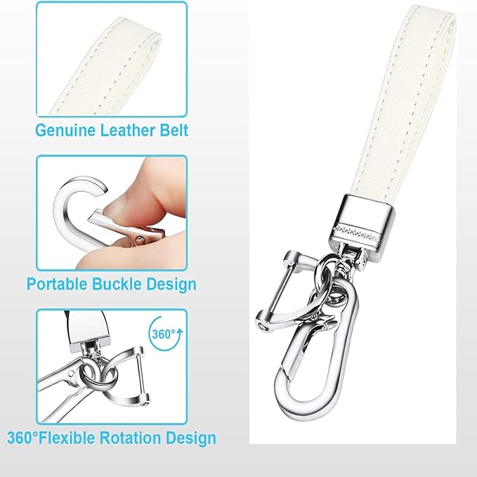 Genuine Leather Car Keychain,Universal Heavy Duty Metal Key Chain Accessories,Car Fob Key Keychain Holder with 360 Degree Rotatable Snap Swivel and Anti-Lost D-Ring for Men Women(White)