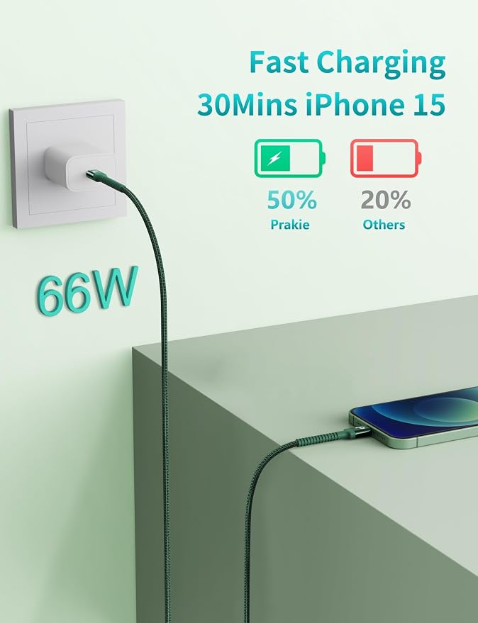 USB C Cable 3FT, 2Pack USBC to USBC Fast Charging Cable 66W, iPhone USB C Charger Cable Short USB Type C to C Cord Nylon Braided for iPhone 17/16/15/Pro Max/Plus/Samsung Galaxy S23/LG and More-Green