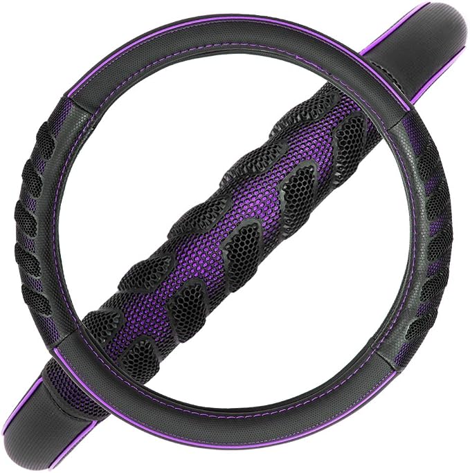 car Steering Wheel Cover Faux Leather Massage Universal fit 3D Honeycomb Hole Anti-Slip Sporty 15 Inches (Purple Black)
