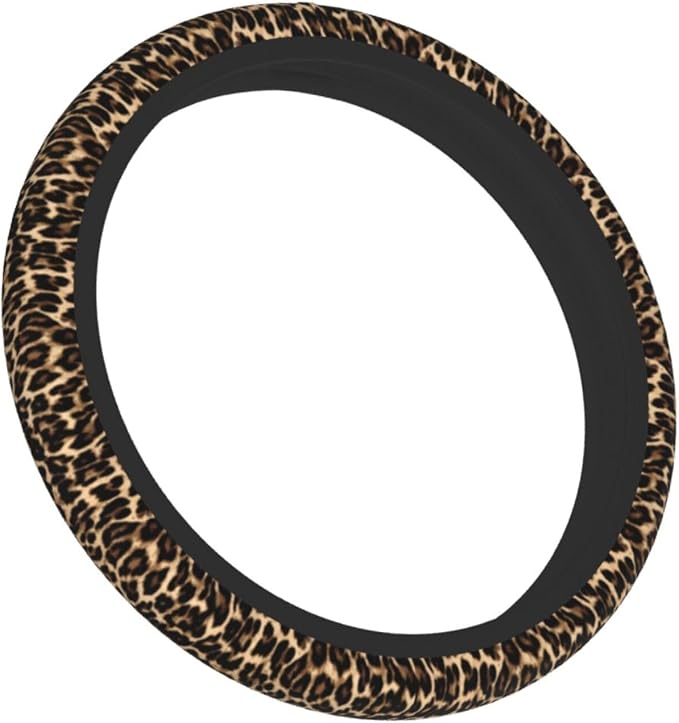 Cheetah Brown Leopard Pattern Black Hunting Steering Wheel Cover Car Accessories Cute for Women Girls Girly Universal 15 Inch Neoprene Auto Interior Decor Anti Slip Car Truck Protector