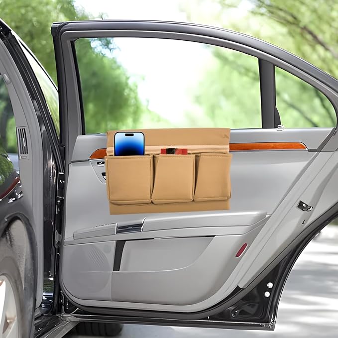 Car Window Armrest Storage Box, Soft Leather Vehicle Side Door Organizer Bag Elbow Rest Cushion with Multiple Pocket, Multifunctional Auto Window Armrest Storage Bag, Universal Fit (Beige)