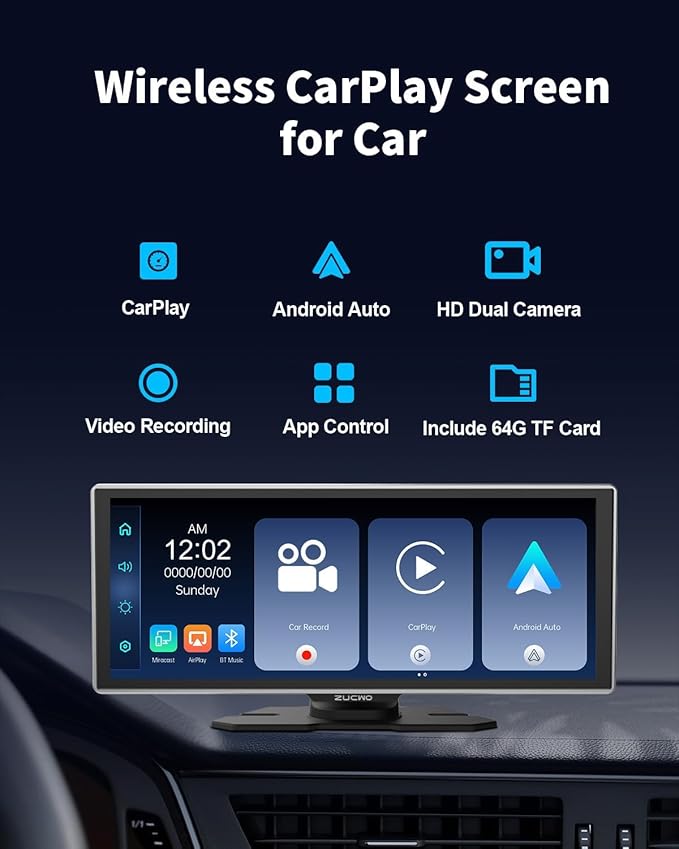 Portable Wireless CarPlay Screen for Car, Apple CarPlay & Android Auto Touch Screen Car Stereo with Bluetooth, BT Music, Navigation, Car Record for Vehicles (11.26 Inch)
