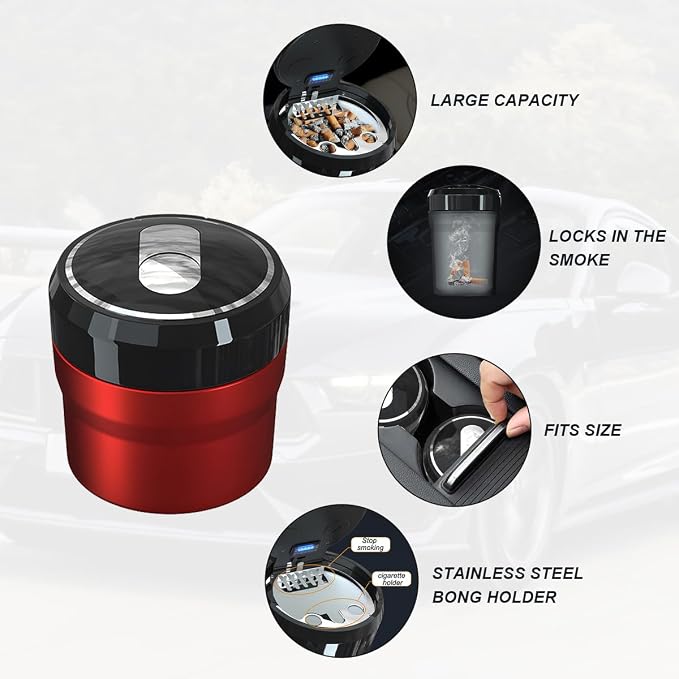 Car Ashtray with Lid, Easy Clean Up Detachable Smokeless Ashtray with LED Blue Light, Portable Mini Ash Tray Cup Holder for Car Home Office Travel, Interior Auto Accessories (Red, Small)
