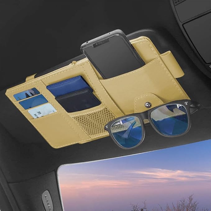 1 Pack Car Sun Visor Organizer, Sunglasses Holder for Car Sun Visor, Auto Interior Accessories Pocket Organizers Can Store for Sunglasses, Documents, Cards, Pen, Drivers License (Beige)
