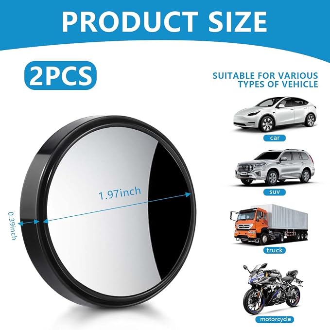 2 Pack Blind Spot Mirror 2 Inch Angle Adjustable HD Glass Round Car Side Rear View Convex Mirror Accessories with Frame for Car SUV Trucks Motorcycles
