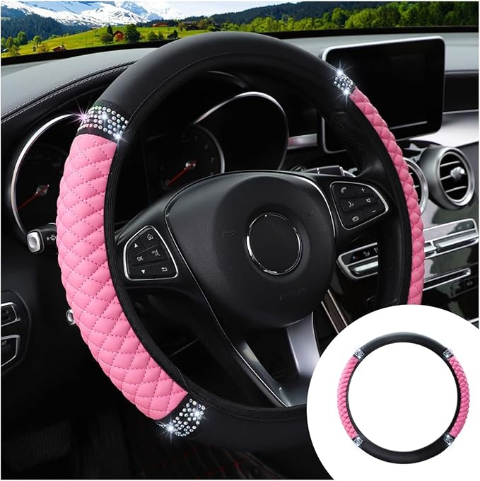 15 Inch Bling Soft Leather Car Steering Wheel Cover, Pink | Colorful Rhinestones Design, Auto Elastic Protector for Women Girls, Crystal Diamond Car Accessories for Most Cars, SUVs