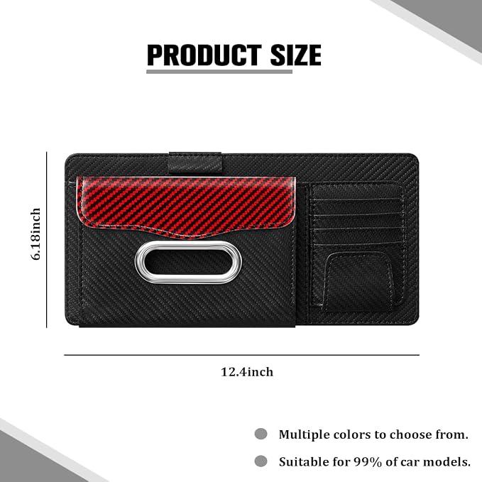Car Sun Visor Organizer, Carbon Fiber Visor Glasses Tissue Card Holder Storage Pocket Pouch, Multifunctional Auto Sunshade Organizer Case Bag for Pens Documents Napkin, Universal Fit (Red)