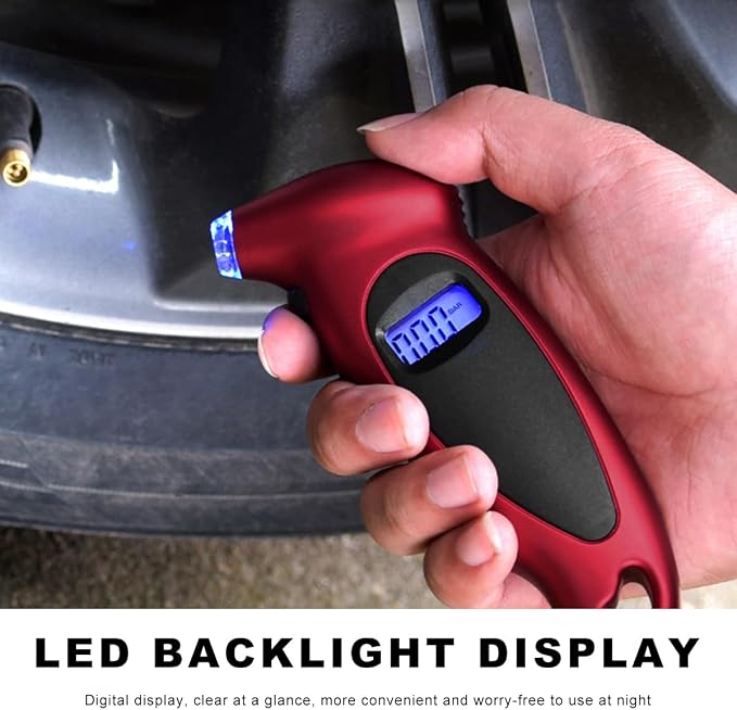 Digital Tire Pressure Gauge, 150PSI 4 Settings High Accuracy Tire Gauge with Backlit LCD and Non-Slip Grip, Easy to Read Air Pressure Gauge for Cars, Trucks and Bicycles (Red)