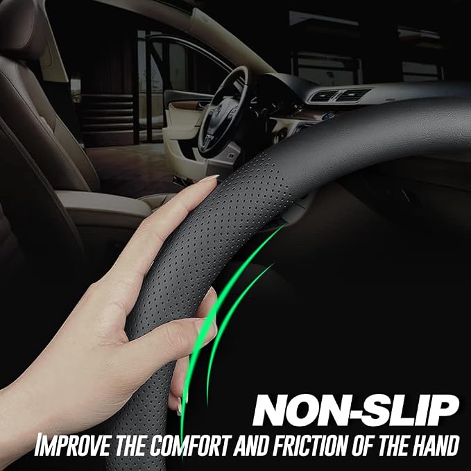 Nappa Premium Leather car Steering Wheel Cover, Non-Slip, Breathable, Universal 15 inches, Black.