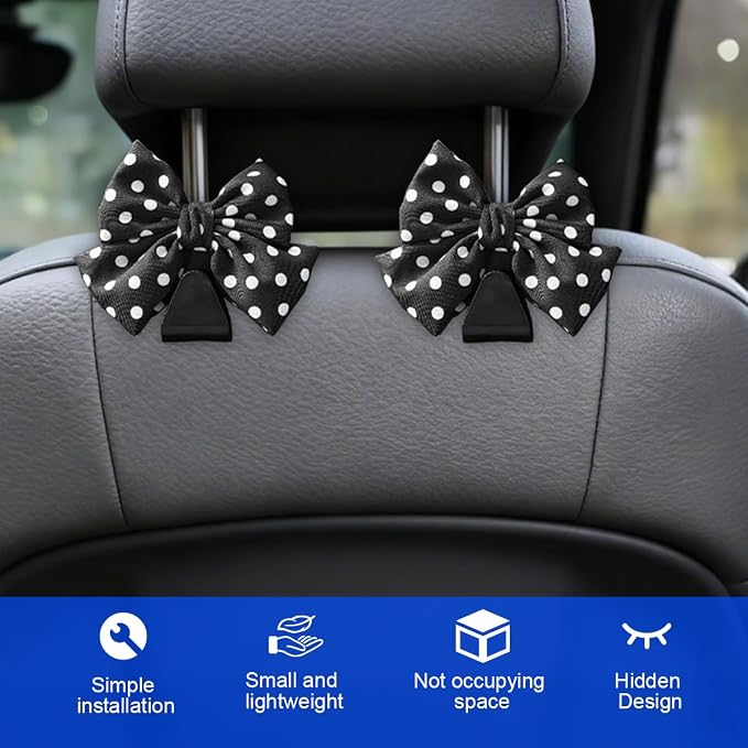 2PCS Car Seat Headrest Hook, Cute Bow Backseat Hanger Holder for Purse Bag Handbag Coat, Auto Interior Seat Back Grocery Storage Organizer Hook, Universal for Vehicles (Black Polka Dots)