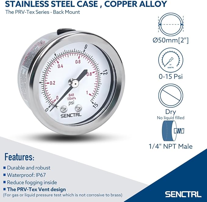 0-15 Psi Low Pressure Gauge, 2" Dial Size, 1/4 NPT Back Mount, Waterproof, Stainless Steel Case, for Water Air ATV Tire Gas Pressure Test