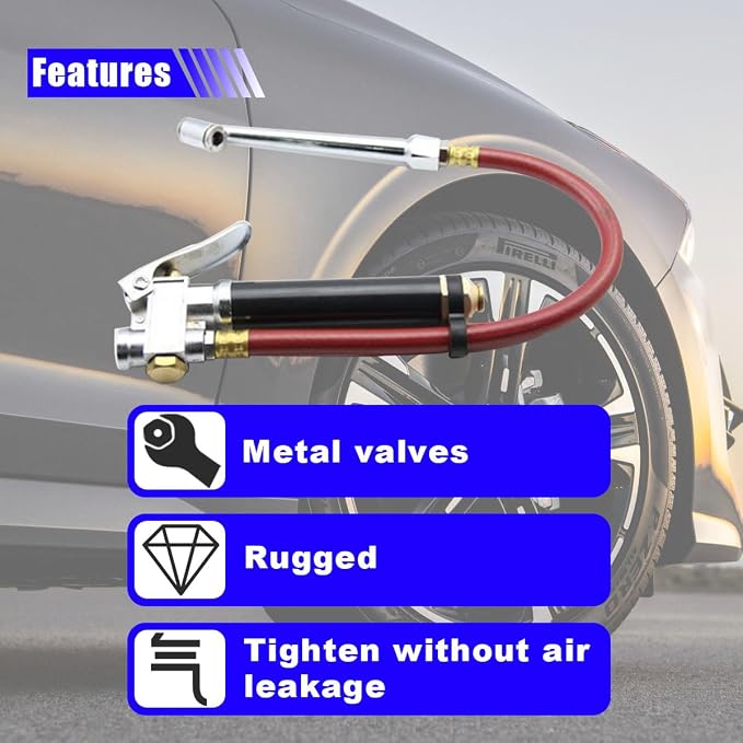 10-120 PSI Tire Pressure Gauge with Inflator 12" Air Hose, Heavy Duty Dual Head Air Chuck with 4 Way Tool and Valve Cores, Tire Inflator Car Accessories for Truck SUV Motorcycle