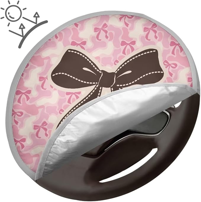 Pink Camo Bow Steering Wheel Sun Shade Cover for Women Steering Wheel Sun Block Anti-Heat Aluminum Foil Steering Wheel Cover Steering Wheel Sun Heat Shield