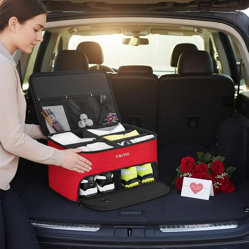 2 Layer Golf Trunk Organizer, Golf Gifts for Men with Separate Ventilated Compartment for 2 Pair Shoes, Waterproof Car Trunk Locker for Balls, Tees, Clothes, Gloves, Gifts for Golfers