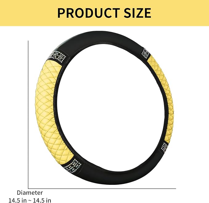 Bling Car Steering Wheel Cover, 15 Inch Rhinestones Soft Leather Elastic Steering Wheel Protector, Sparkly Crystal Diamond for Women, Car Interior Accessories for Most Cars (Yellow)