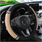 Bling Car Steering Wheel Cover, 15 Inch Rhinestones Soft Leather Elastic Steering Wheel Protector, Sparkly Crystal Diamond for Women Girls (Beige)