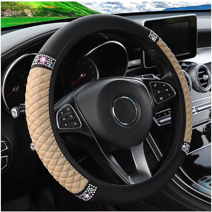 Bling Car Steering Wheel Cover, 15 Inch Rhinestones Soft Leather Elastic Steering Wheel Protector, Sparkly Crystal Diamond for Women Girls (Beige)