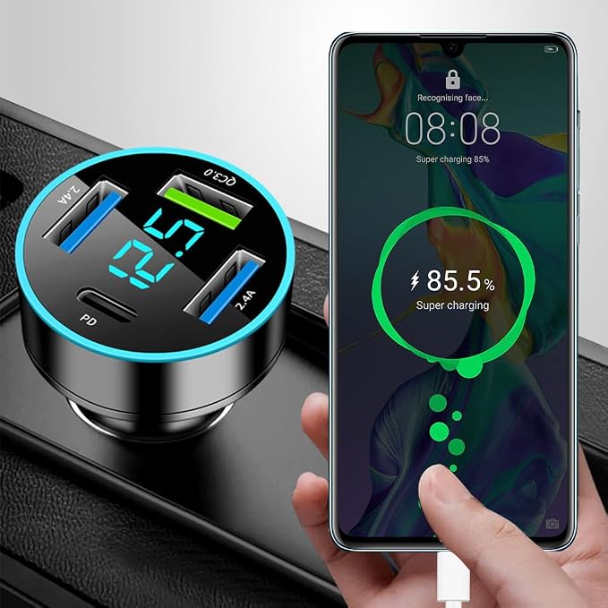 4 Ports Fast Car Charger,[Upgrade Voltmeter Display] PD+QC3.0 Car Charger Adapter for 12-24V Cigarette Lighter Plug,Phone Charger Compatible with iPhone/Android/Samsung/iPad(QC3.0+PD+2.4A+2.4A)