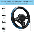 Car Steering Wheel Cover, 15 Inch Anti-Slip Stretch Leather Steering Wheel Protector, Comfortable Breathable Sporty Steering Wheel Cover for Women Men, Car Accessories (Black & Blue)