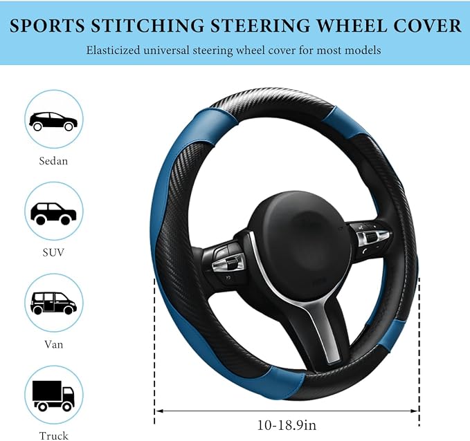 Car Steering Wheel Cover, 15 Inch Anti-Slip Stretch Leather Steering Wheel Protector, Comfortable Breathable Sporty Steering Wheel Cover for Women Men, Car Accessories (Black & Blue)