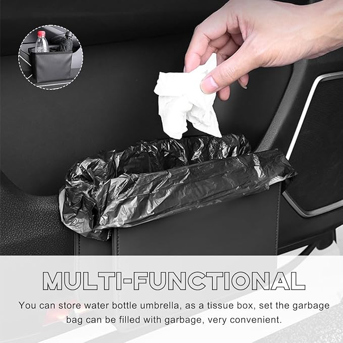 Yourkar Car Trash Can, Foldable Waterproof Leather Car Garbage Organizer Holder, Automotive Mini Dustbin Container with One Roll Trash Bag, Universal Interior Car Accessories (Dark Brown)