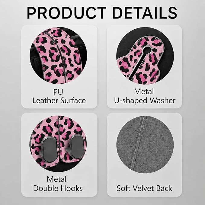 Cute Pink Leopard Car Seat Back Storage Headrest Hooks for Purses & Bags – 2PCS PU Leather Dual Metal Hooks, Backseat Organizer Accessories