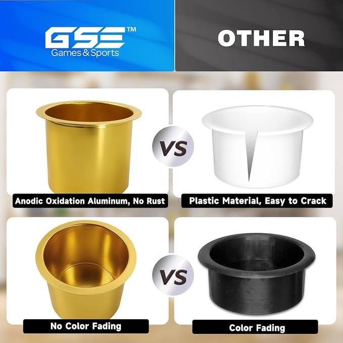 GSE Games & Sports Expert Jumbo Aluminum Cup Holder, Drop-in Cup Holder for Casino Poker Tables, Work Desks, Boats, RVs, Cars & Trucks (Gold, 2-Pack)
