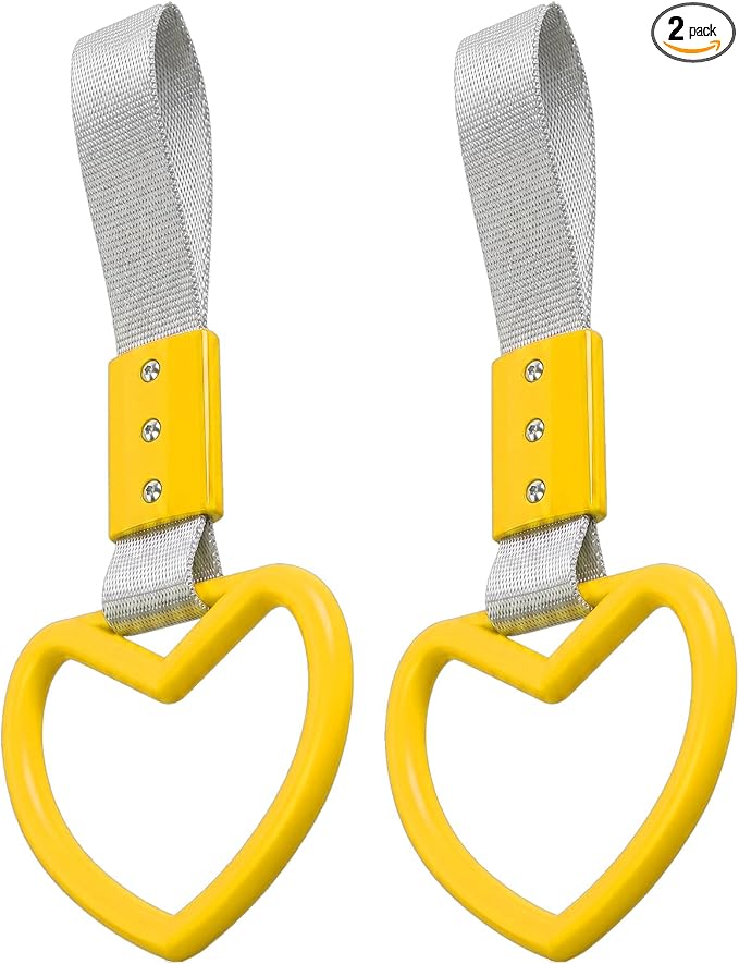 2PCS Heart Shaped Car Handle Straps, Rear Bumper Warning Keychain Ring for Car Exterior Accessories (Yellow-Silver)