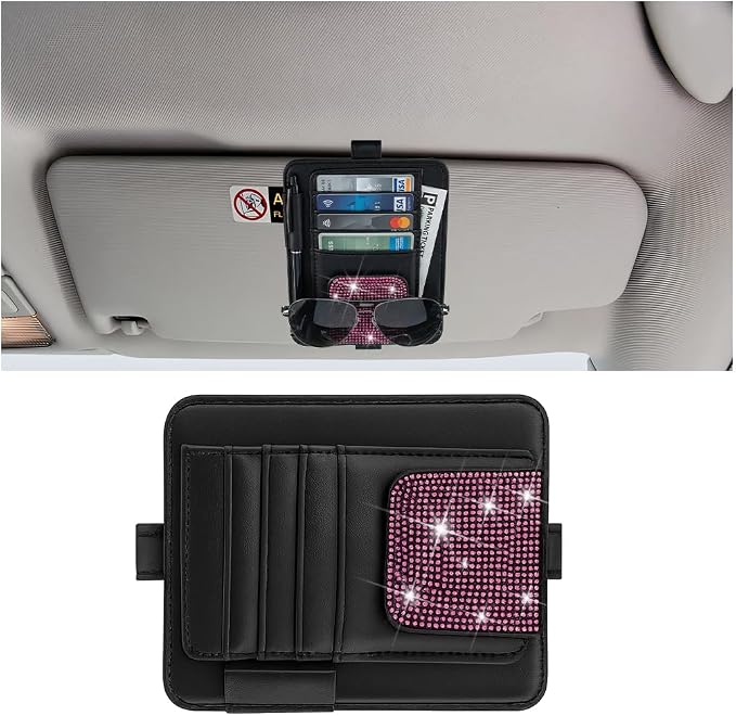 Bling Car Sun Visor Organizer, Multi Pocket Crystal Rhinestone Vehicle Sunshade Card Sleeve Storage Pouch with Pen Sunglass Holder, Auto Interior Visor Organizer Pouch, Universal Fit (Pink)