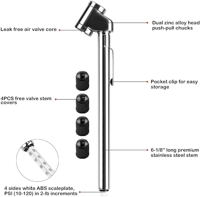CZC AUTO Pencil Tire Pressure Gauge, Dual Head Trucks Air Gage, Accurate Mechanical Dually Chuck Wheel Service Checker, Stainless Steel Stem for Car RV ATV Motorcycle Bike, 10-120PSI (Silver, 1 Pack)