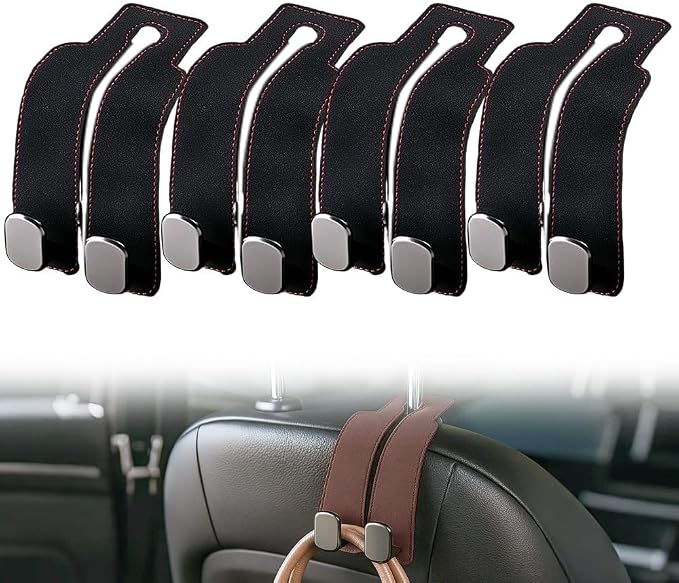 2026 New Car Seat Headrest Hooks for Purses and Bags - Support Car Headrest Hooks for Purses and Bags Coat, Leather Car Bag Purse Holder with Double Hooks (Black-4PC)