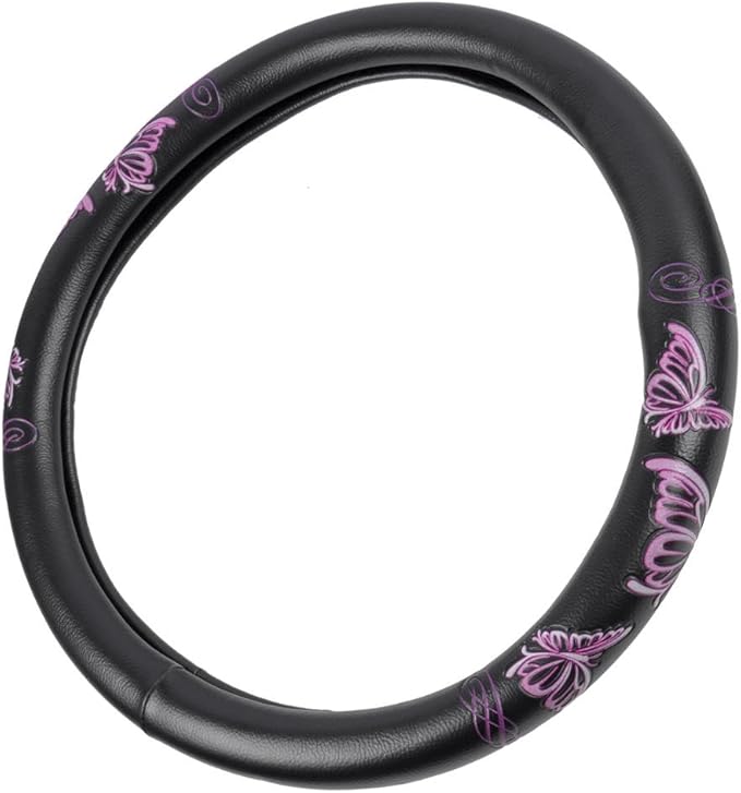 Design Comfort Grip Steering Wheel Cover for Car SUV Van and Truck, 15 inch Standard Size, Pink Butterflies