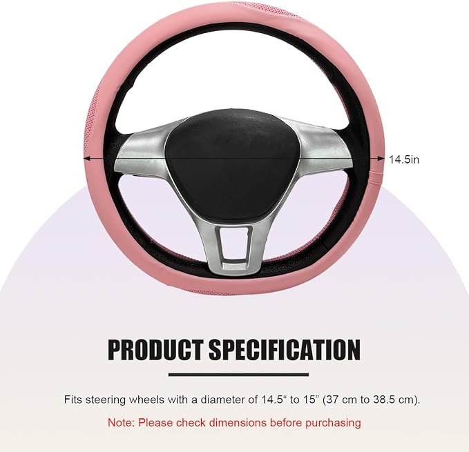 Car Steering Wheel Cover, Leather Breathable Ice Silk Auto Wheel Wrap with Anti-Slip Lining, Scratch-Resistant Elastic Protector Fit for 14.5-15 Inch Steering Wheels (Pink)