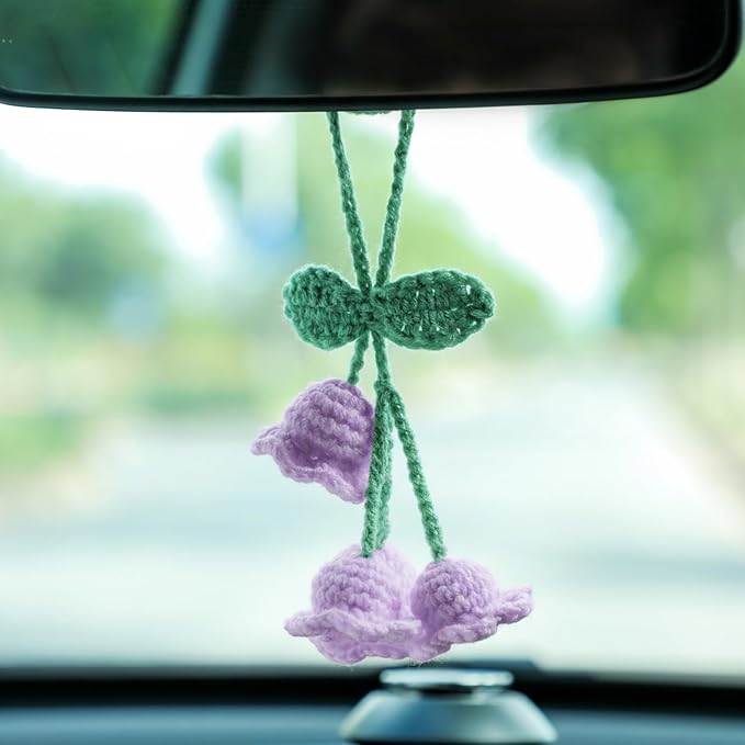 Lily Flower Handmade Knitted Car Mirror Hanging Accessories, Rear Riew Mirror Accessories Car Decorations for Women Men