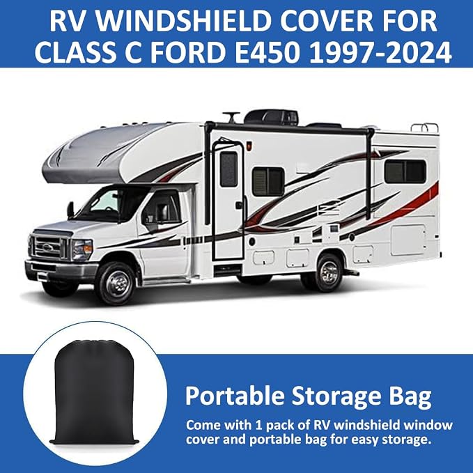 RV Windshield Cover for Class C Fo-rd 1997-2025 Motorhome, RV Windshield Window Snow Cover for Ice and Snow Front Window Sunshade Cover Block UV Ray, RV Accessories with Mirror Cutouts Silver