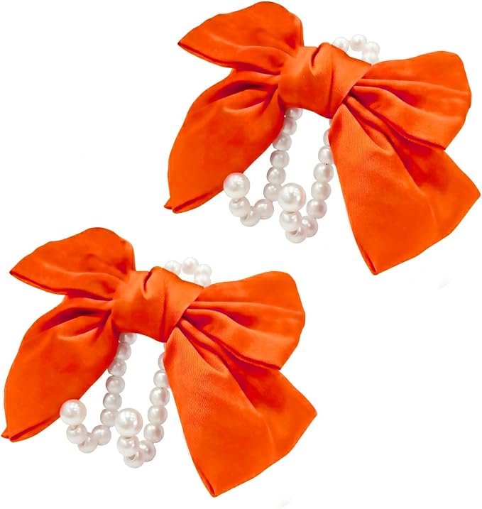 2 PCS Bow Pearl Car Seat Headrest Hook – Cute Purse Hook for Car, Girly Interior Decoration Accessories Hook Hanger, Seatback Holder for Purses & Bags, Elegant Car Organizer (Orange)
