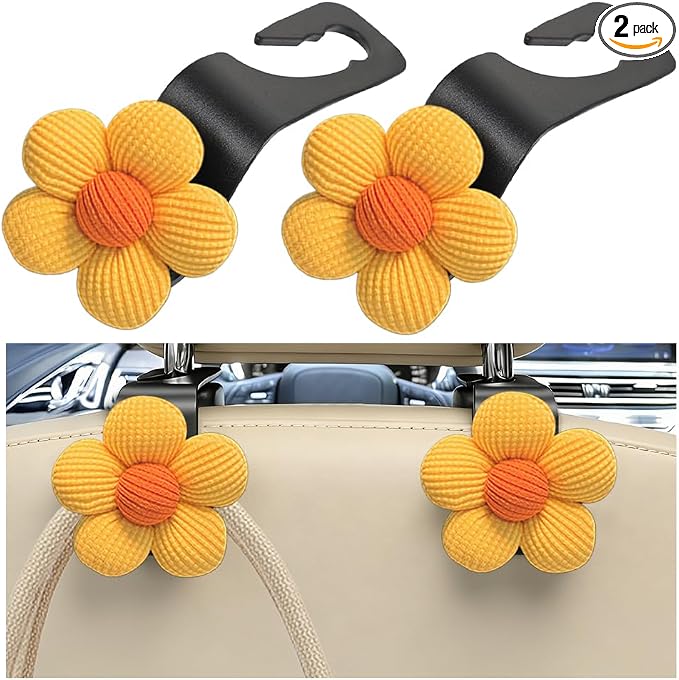 2PCS Car Seat Headrest Hook, Cute Flower Vehicle Backseat Purse Handbag Storage Hanger, Floral Auto Seat Back Holder Hook for Coat Umbrella Grocery, Universal for Vehicles (Yellow)