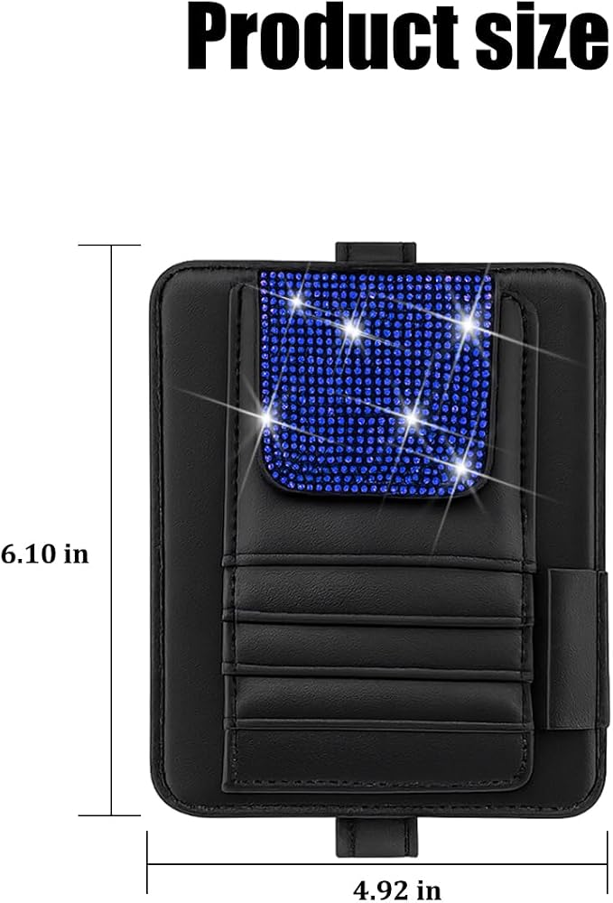 Bling Car Sun Visor Organizer, Multi Pocket Crystal Rhinestone Vehicle Sunshade Card Sleeve Storage Pouch with Pen Sunglass Holder, Auto Interior Visor Organizer Pouch, Universal Fit (Blue)