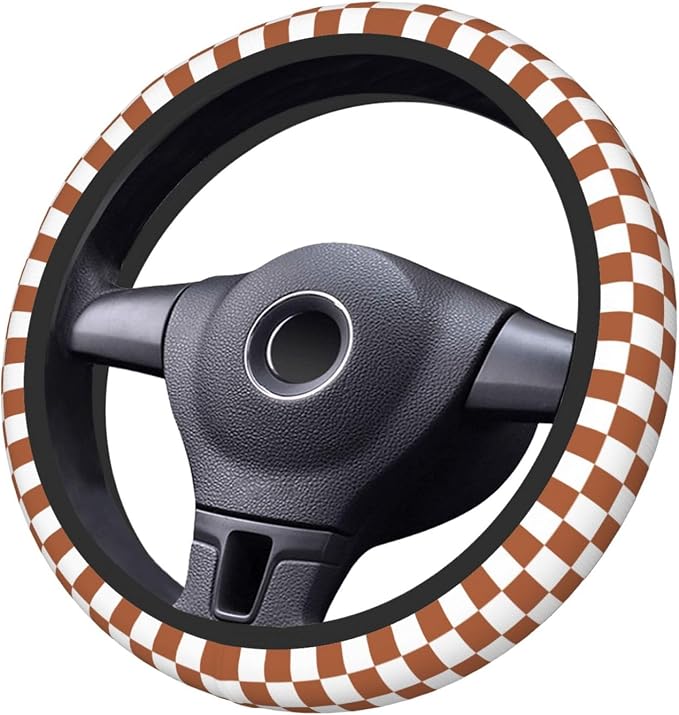 Brown Checkered Steering Wheel Cover for Women,Universal Auto Steering Wheel 14-15 Inch Car Interior Accessories with 2PCS Car Coasters,Suitable for Men and Women