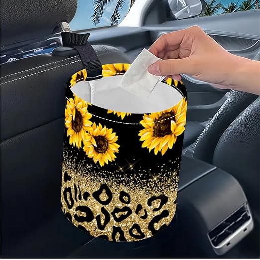 Portable Reusable Waterproof Car Trash Bin, Multipurpose Vehicle Organizer, Road Trip Essentials (Sunflower)