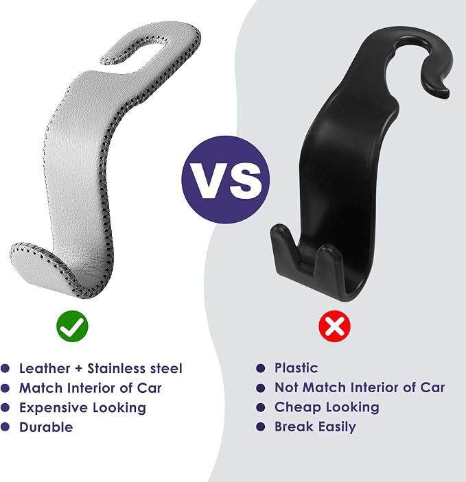 Leather Car Seat Hooks - U-Shaped Purse Holder for Car, Fully Leather-Wrapped Headrest Hooks for Purses, Bags & Coats, Durable Seat Back Organizer for Travel & Daily Use (Gray, 2 Pack)
