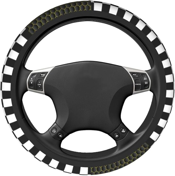 Black White Checkered Steering Wheel Cover Racing Flag Steering Wheel Protector Neoprene 15Inch Car Accessories 2 Pcs Car Coasters for Women Men