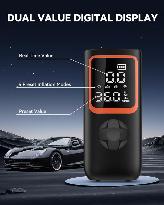 Tire Inflator Portable Air Compressor - 150PSI Cordless Air Pump for Car Tires with Pressure Gauge & LED Light, 3X Faster Inflation Electric Air Compressor for Car Bikes, Motorcycle, Ball