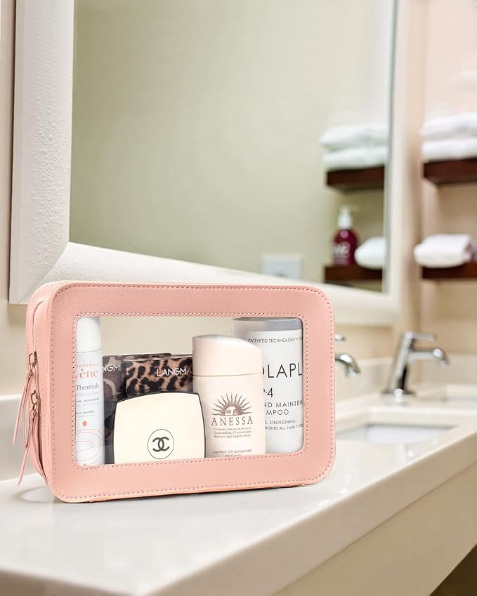 Clear Makeup Bags, TSA Approved Toiletry Bag with Zipper, Makeup Organizer for Carry-on Travel Essentials, Car Accessories Organizers Storage for Women Men (Clear-Pink)