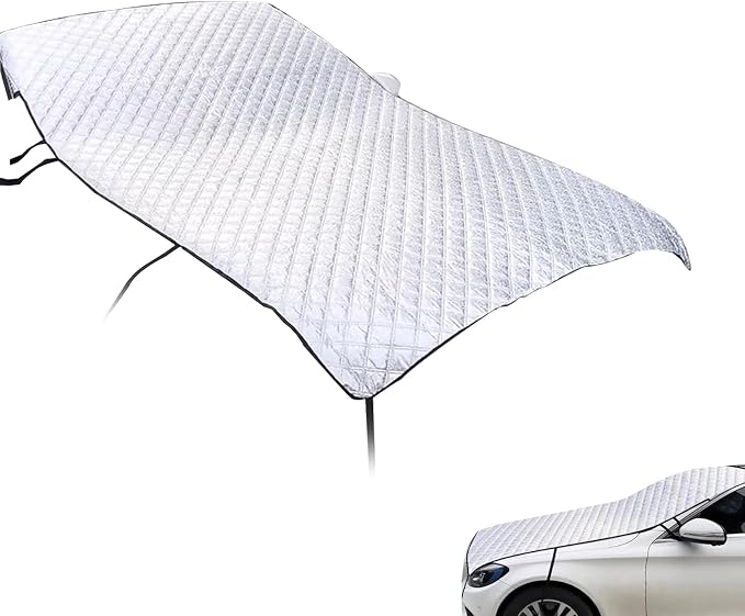 Half Car Cover, Winter Anti-freeze Snow Shield for Windshield Hood, Thicken Foldable Outdoor Protector with Windproof Fastening Strap, All-season Anti-scratch Cloth for Cars (Silver)