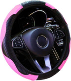 Ultra Fine Carbon Fiber Leather Steering Wheel Cover, Anti Slip and Sun Protective Protect the Steering Wheel, Easy to Install,Universal of 14.5"-15" (Pink)