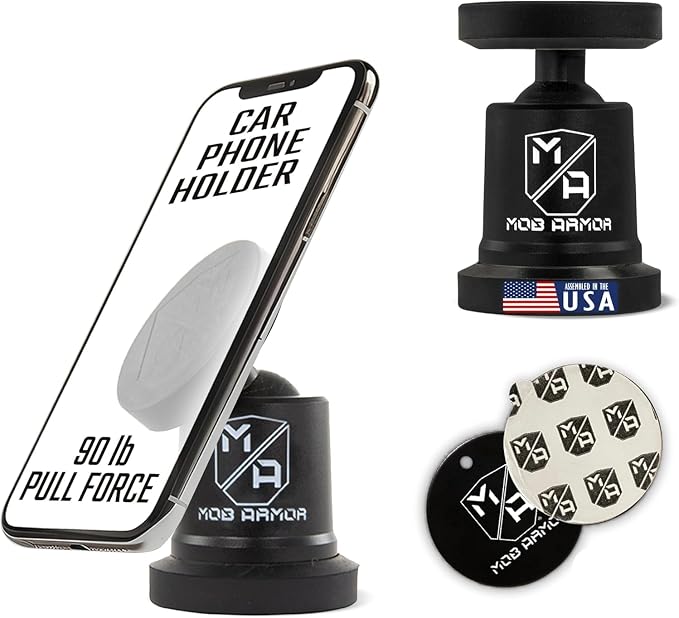 MobNetic Maxx - USA Assembled Magnetic Phone Holder for Car, Magnetic Car Phone Mount, 90-Degree Tilt, 360-Degree Rotation, Aluminum Metal, Compatible with iPhone & Android - Black