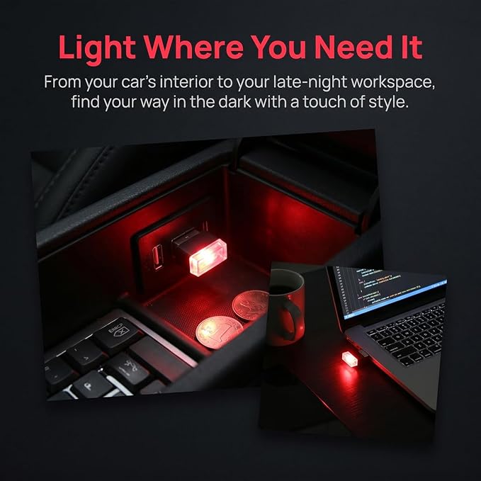 4PCS USB LED Car Interior Atmosphere Lamp, Portable Mini, Red | 5V USB-A plug-in, soft accent glow, no wiring, decor night light, car accessories for cars, SUVs, trucks