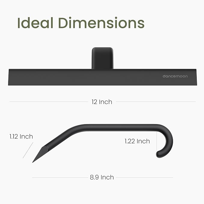 JustHang Shower Squeegee for Glass Doors, All-One-Piece Wider 12" Silicone Squeegee with Built-in Hook for Window, Mirror, Tile Wall, Car, Streak-Free Bathroom Cleaner Tool, 12-Inch Black